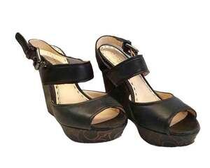 Coach Black Leather Open Toe Signature Monogram Wedges